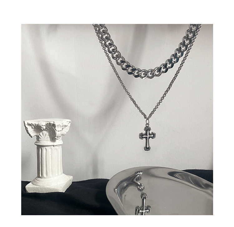 New Hot INS Dark Wind Cross Pendant Hip Hop Personality Double Layer Design Titanium Steel Necklace Men's Chain Sweater_voghion.com