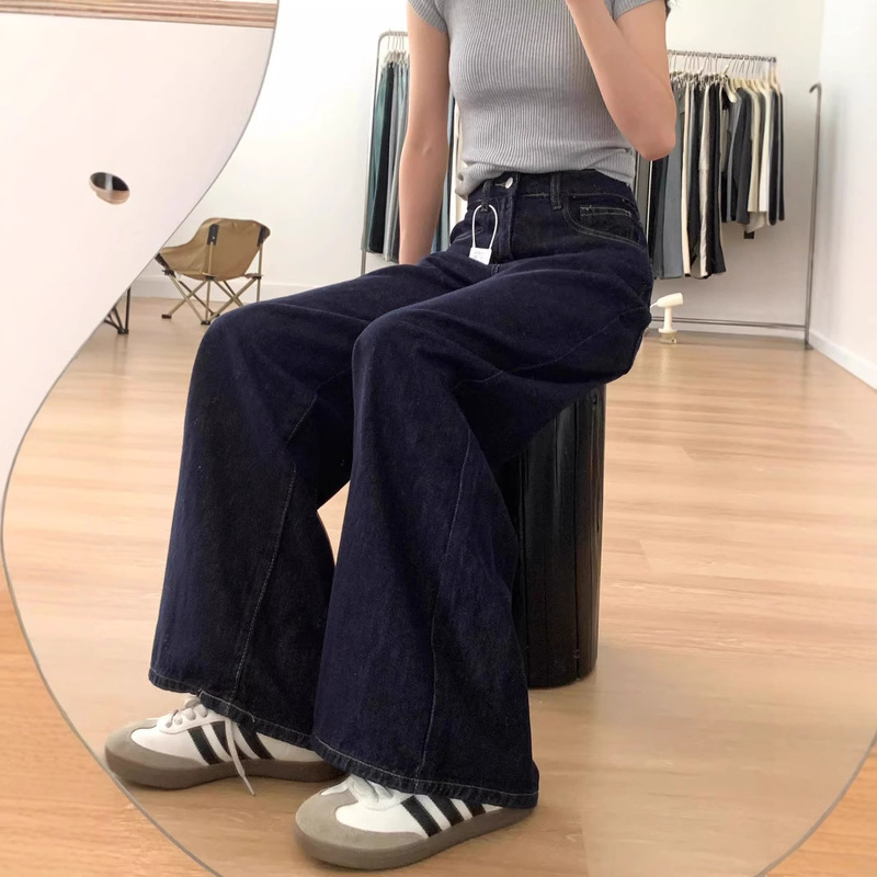 Vintage dark blue Jeans Women's Autumn High Waist Dipped Loose Longer Pants
