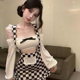 辣妹棋盘格两件套吊带连衣裙设计感性感蕾丝花边长袖上衣包臀短裙