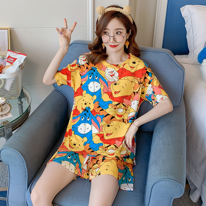 Pijamas de oso de dibujos animados de manga corta de verano para mujeres estudiantes lindo cuello redondo verano Delgado dulce casual traje de desgaste para el hogar