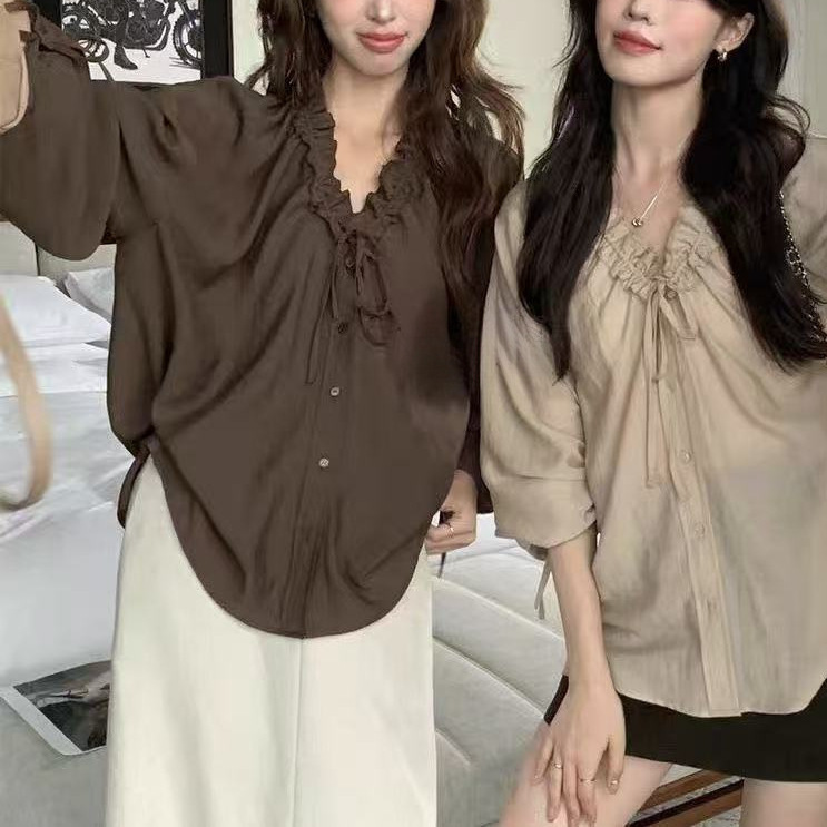 French Collar Long-Sleeved Shirt Summer Cardigan Lazy Shirt Design Top Apricot Dark Brown