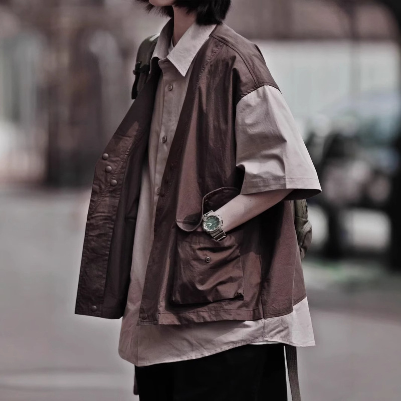 2025 Summer New Japanese Style Trendy Brand Fake Two-Piece Workwear Pocket Short-Sleeve Shirt Retro Loose Jacket Men's Vest
