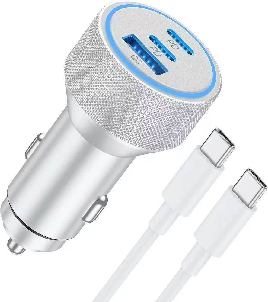 Cross-Border New Aluminum Alloy Car Charger Qc3.0 Aluminum Alloy Car Mobile Phone Charger Dual Pd30W Fast Charging
