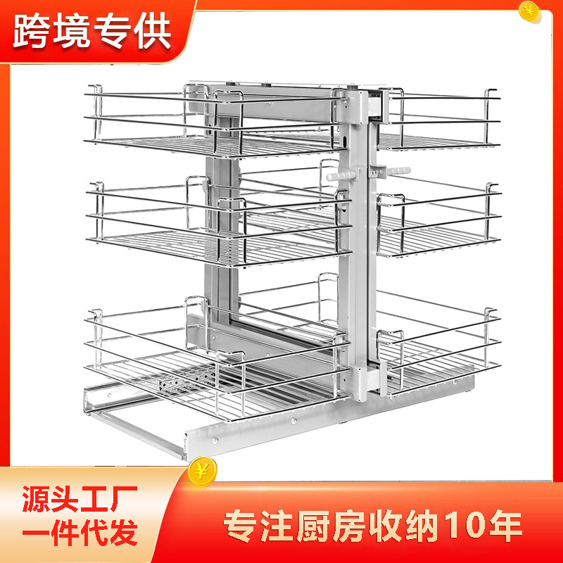Esquina del gabinete transfronterizo completamente abierta, pequeño monstruo, canasta de tiro de tres capas, cocina, rejilla de almacenamiento de cajón de línea redonda incorporada, esquina