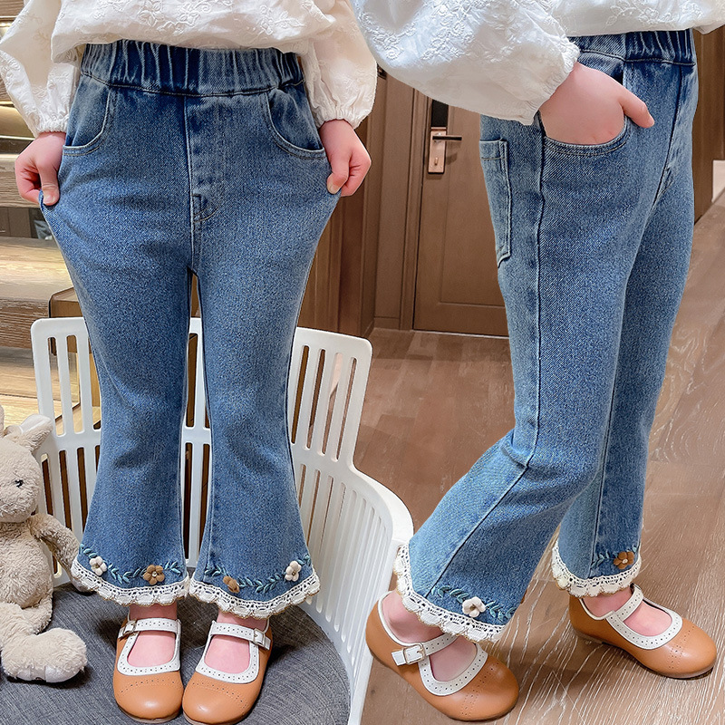 Pantalones vaqueros para niñas con encaje tridimensional – moda primavera-otoño 2024.