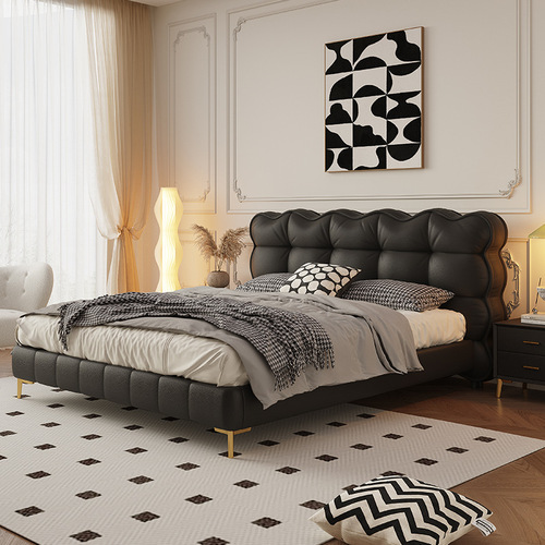 Italian light luxury leather cloud bed modern simple bed master bedroom wedding bed internet celebrity puff single and double high box storage bed