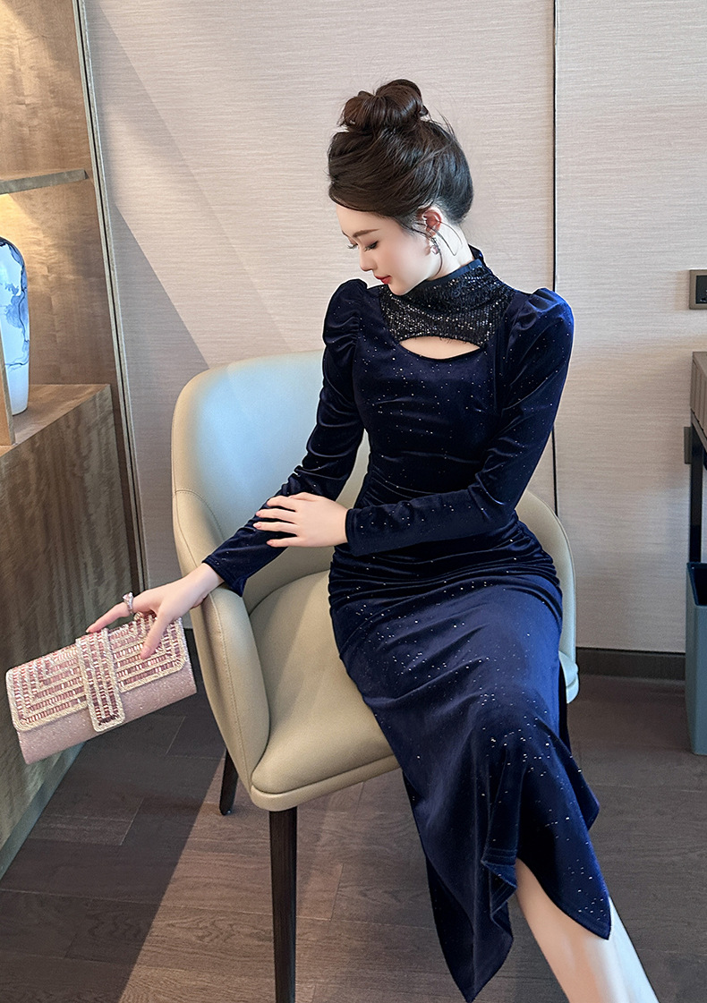 Đầm dạ hội nữ kiểu Pháp cổ tròn ôm sát hông chất nhung lấp lánh — Màu xanh lam chi tiết 10