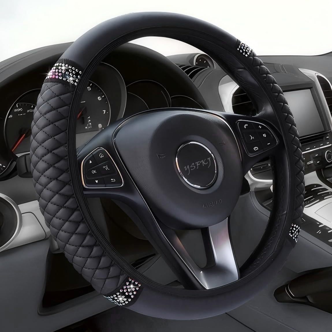 Factory Direct Sales Cross-Border Colorful Rhinestone Car Steering Wheel Cover, Leather Three-Dimensional Interior Handle Cover Without Inner Ring