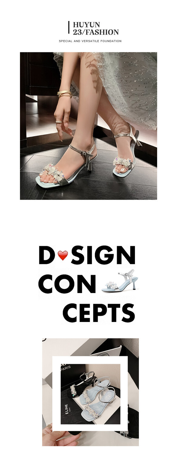 Sandal cao gót nữ mũi nhọn đính cườm da bò, gót nhọn 9 cm — Màu đen, Màu xanh lam chi tiết 4