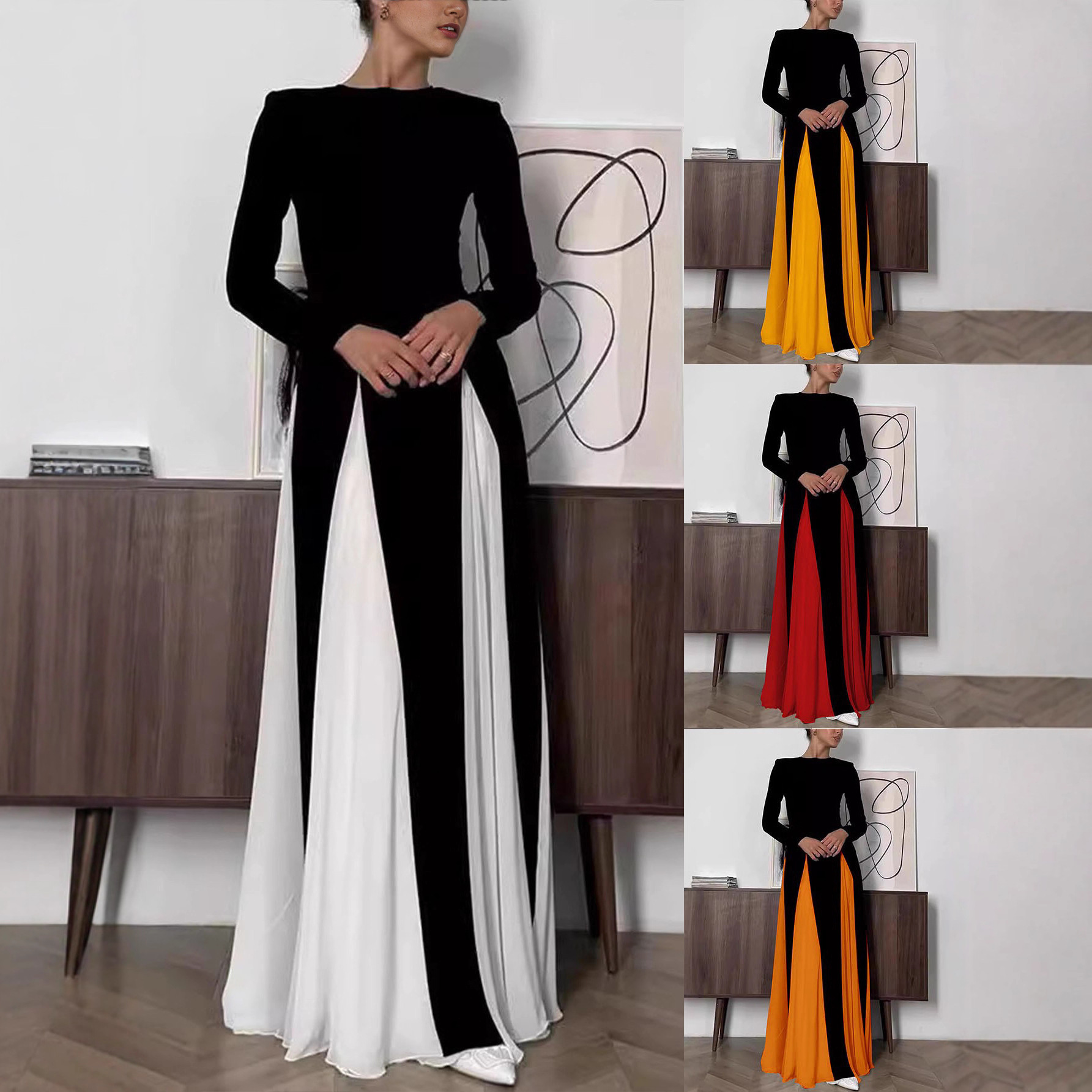 Amazon Dinner Party Evening Dress Women's New Tight A- line Large Skirt Stitching Long Sleeve Round Neck dress