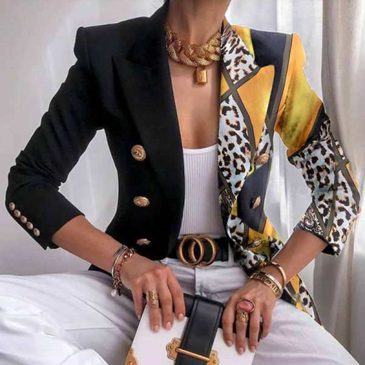 2023 European and American New Women's Coat Autumn and Winter Printed Small Suit Slim-fit Fashion Short Double-breasted Top for Women