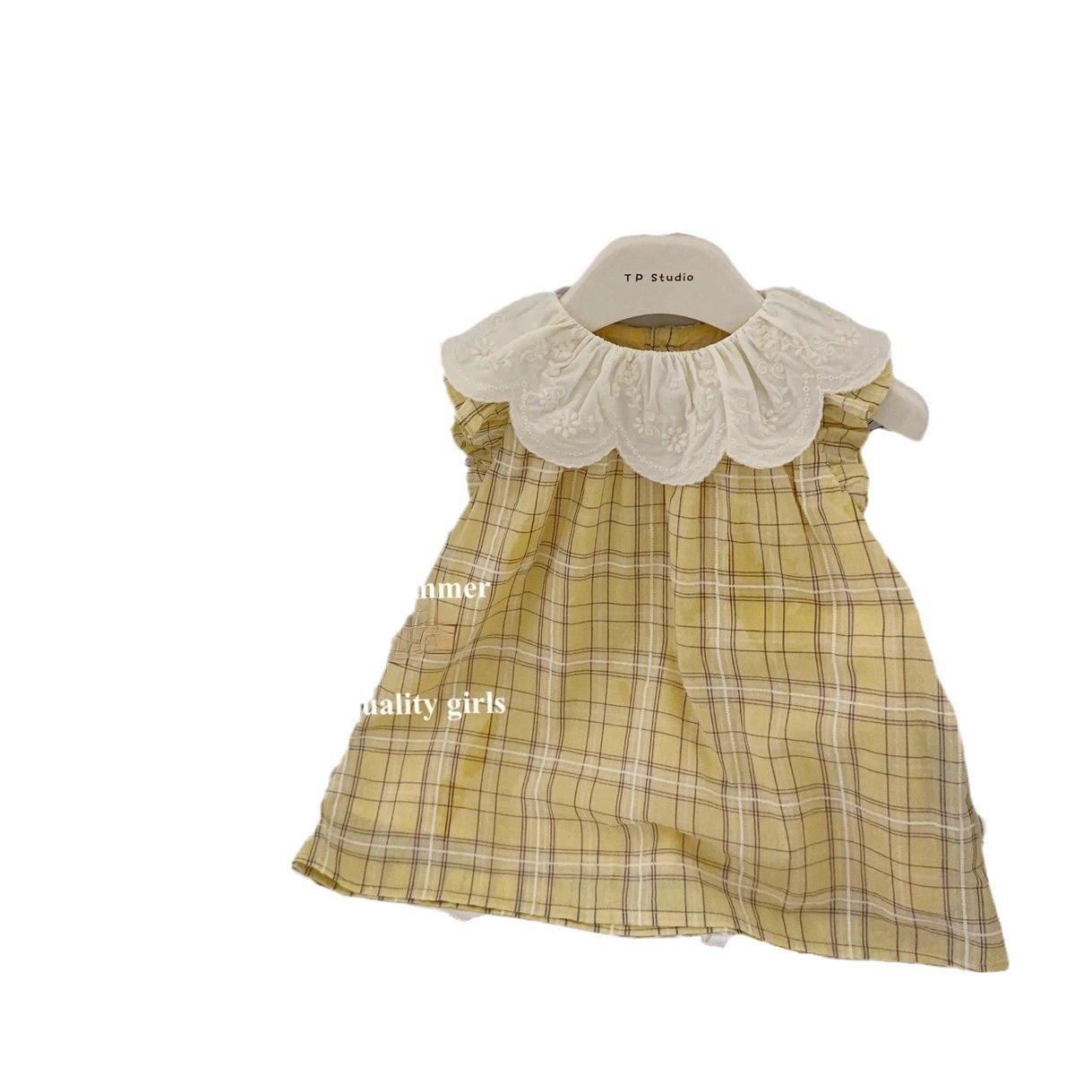 【Sweet Little Chef】Vestido retro francés a cuadros amarillos para bebé niña con bordado en la solapa y pequeños detalles bordados, vestido de moda.