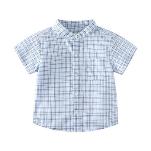 Summer soft and comfortable moisture-wicking plaid stand-collar short-sleeved fashionable outdoor casual style small and medium-sized boys' shirt