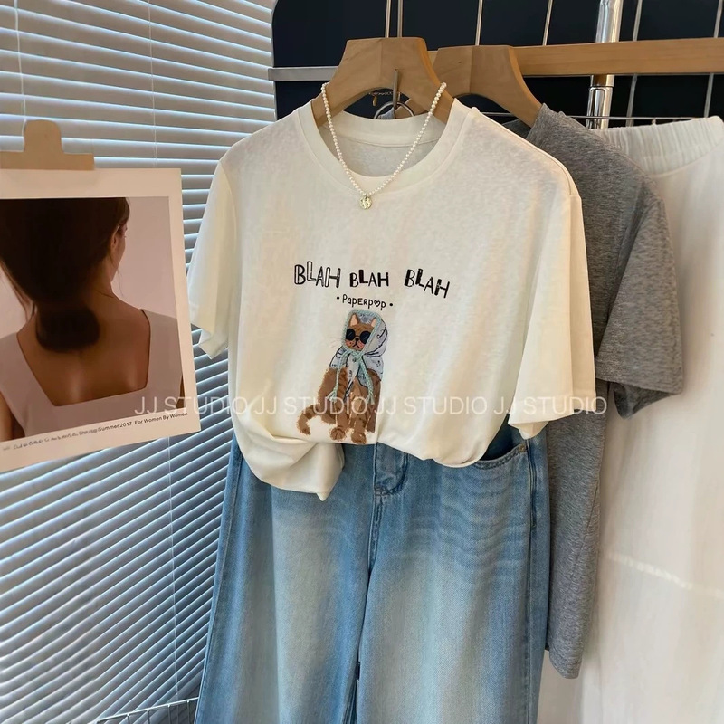 Cross-border white plus size 120kg cute cat print loose short-sleeve T-shirt women's summer top wholesale trendy