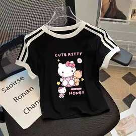 跨境外贸儿童装三条杠拼接印图卡通短款短袖女夏季新款女童外上衣