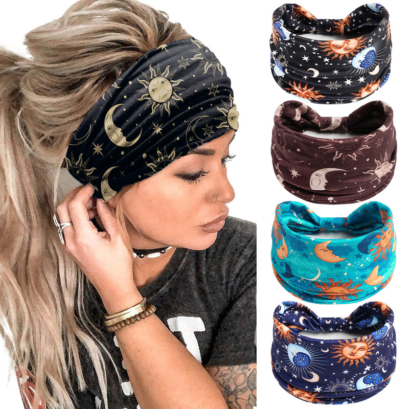 Wide Knot Sports Hair Band Star Moon Printed Hair Band Helios Pattern Headband Stretch Yoga Hair Accessories for Women