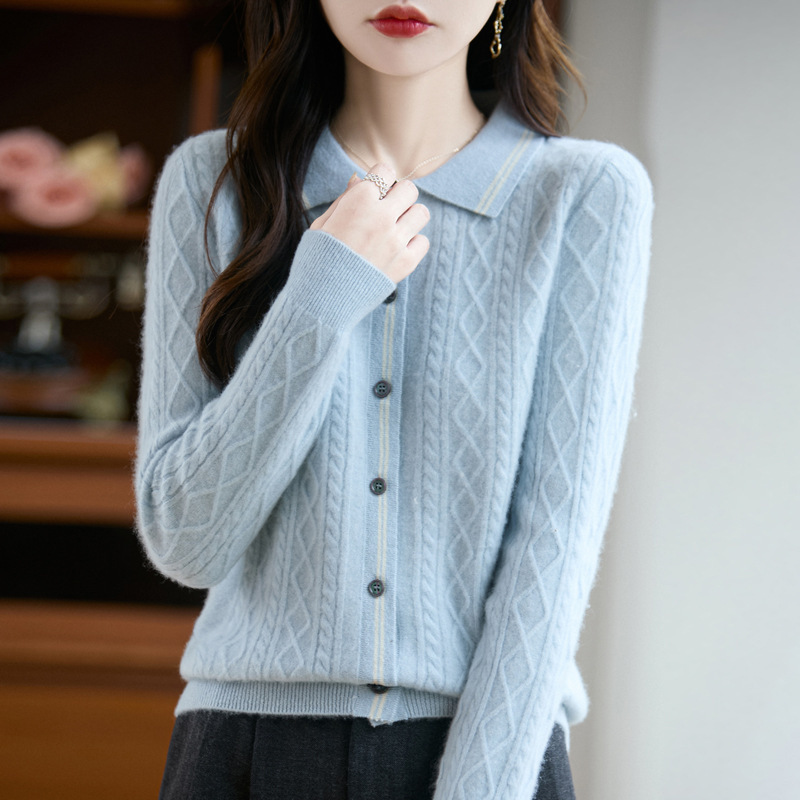 新款秋冬100羊毛女Polo衫时尚翻领开衫毛衣减龄针织衫短款一件代|undefined