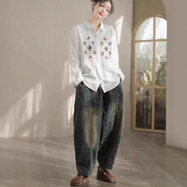 White long-sleeve for leisure, cardigan, shirt, oversize, with embroidery