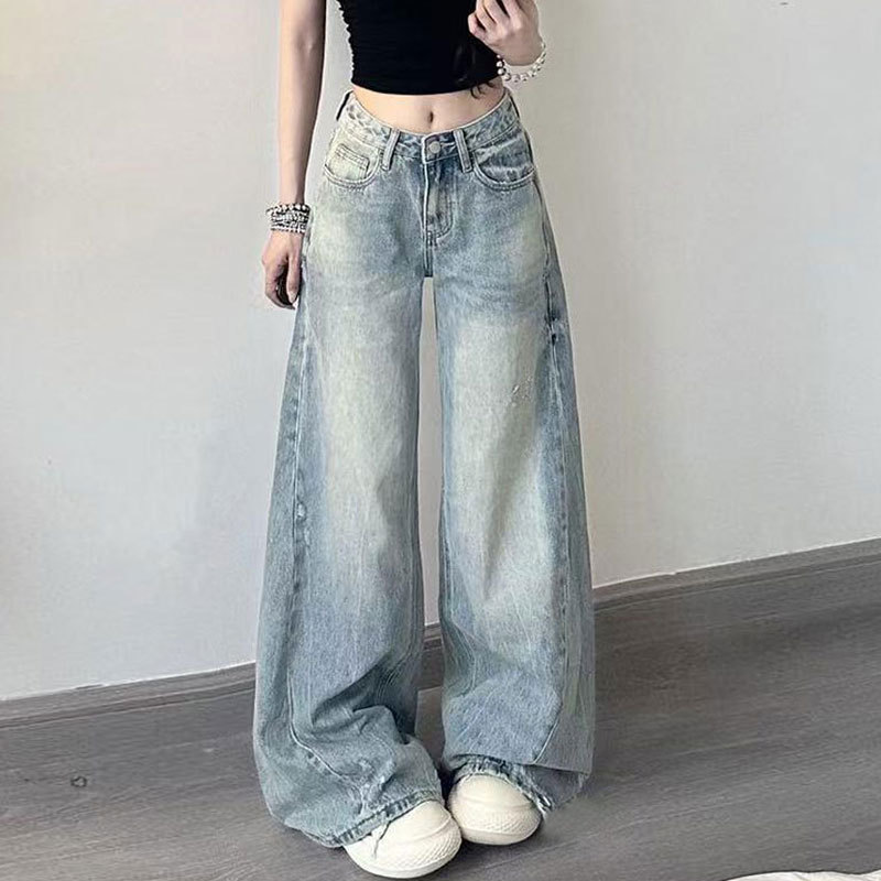 爆款时尚网红潮款大码蓝色磨破牛仔长裤直筒胖mm宽松梨形遮肉阔腿