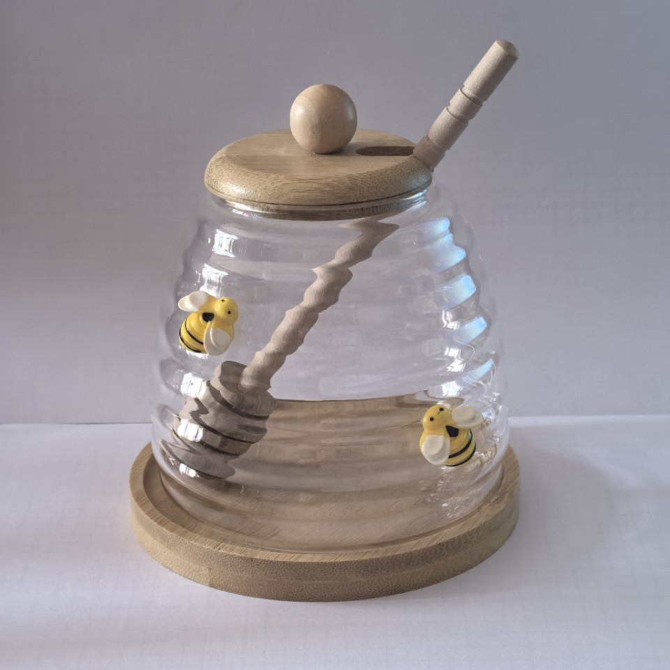 Lindo tanque de abejas, tanque de miel de vidrio, fondo de madera, tanque de almacenamiento de palo de madera
