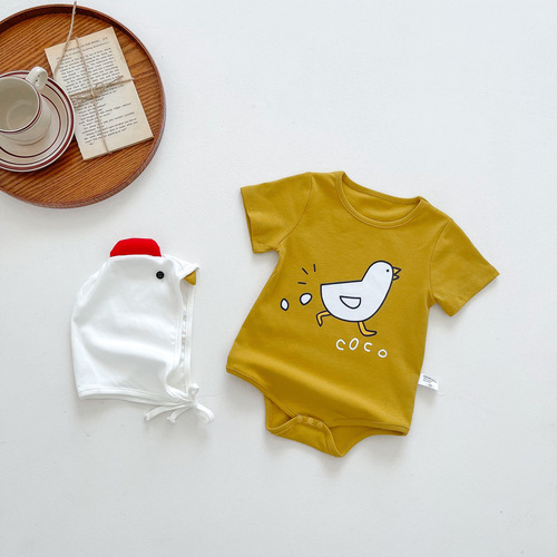 Baby Summer Ins Thin Boys' Onesie with Cap and Overalls Chick Pattern Girls' Onesie Crawling Suit Children's Wear 