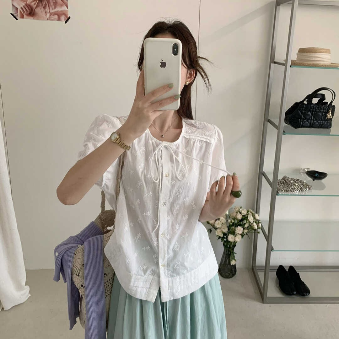 苏珊 韩系女装2026夏季新款法式重工刺绣圆领绑带短袖小衫TW893-1