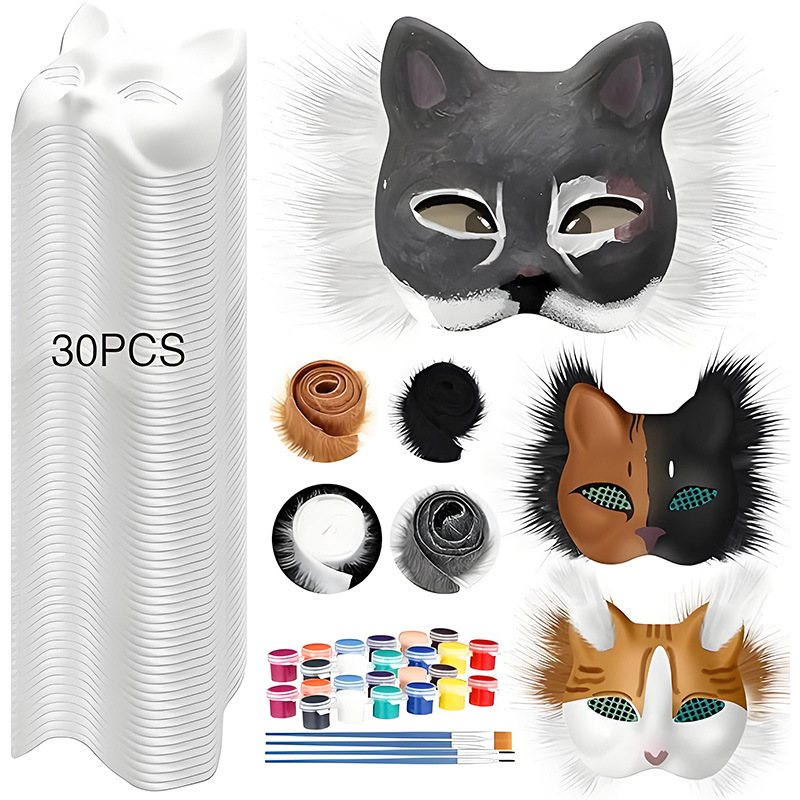 Amazon venta caliente niños bricolaje máscara de gato material conjunto de cara de gato de Halloween zorro máscara de graffiti pintada a mano