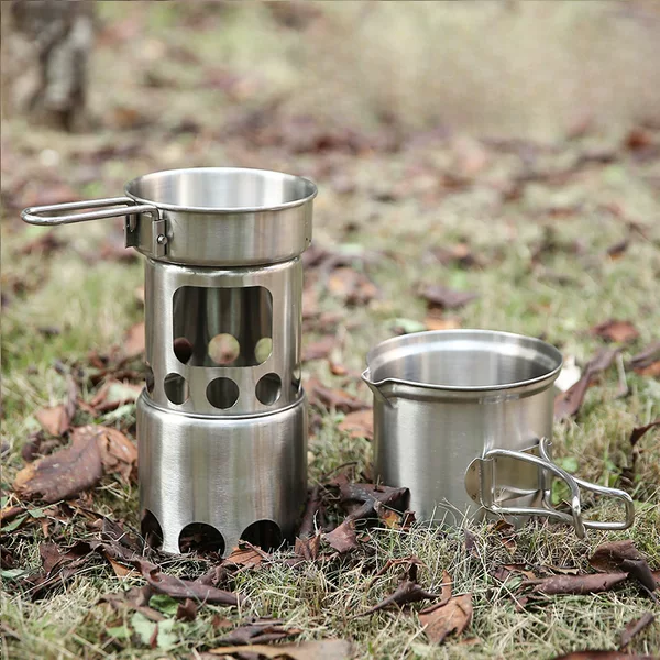 Outdoor stainless steel wood stove portable set pot camping folding windproof stove fire heating stove barbecue set