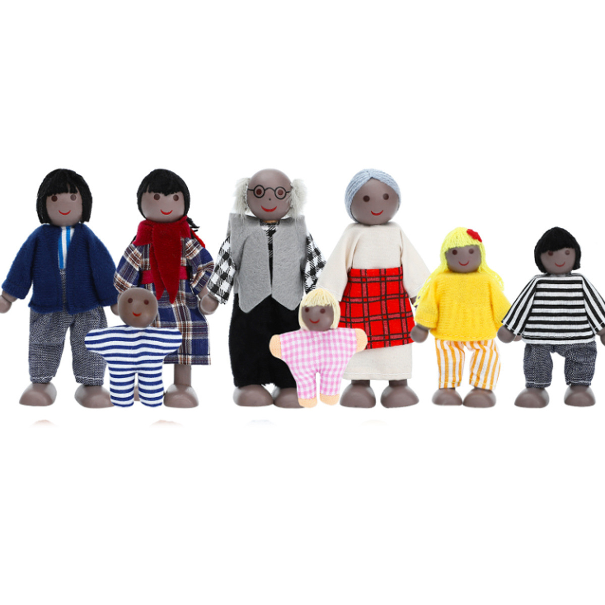 Cross-Border African Family Wooden Puppet Dolls, 7-Piece Pretend Play Wooden Educational Toys for Parent-Child Interaction with Movable Joints