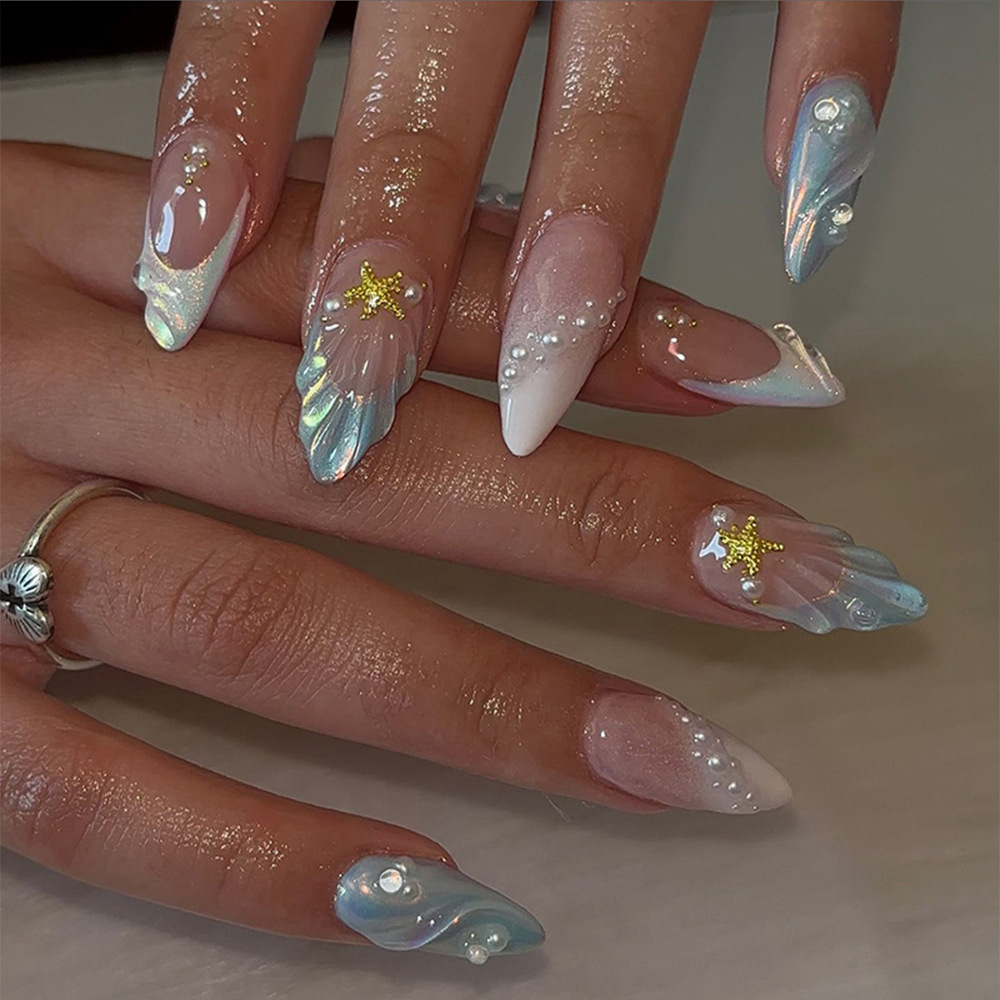 Venta caliente transfronteriza Dream Ocean Nail Pian 3D Stereo Pearl Wear Armor 24 piezas Parche de uñas de estrella de brillo