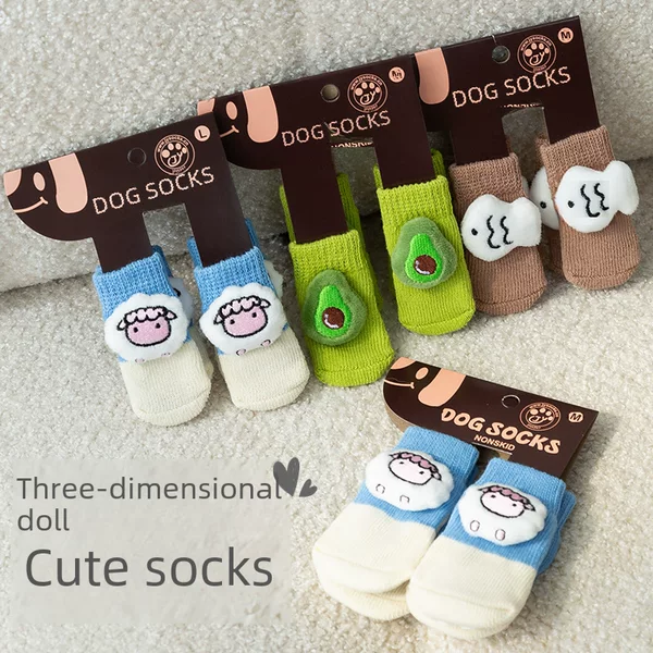 Cross-Border Dog Socks Teddy Three-Dimensional Doll Anti-Slip, Anti-Scratch and Anti-Dirty Socks Four-Pack Dog Shoes Pet Socks