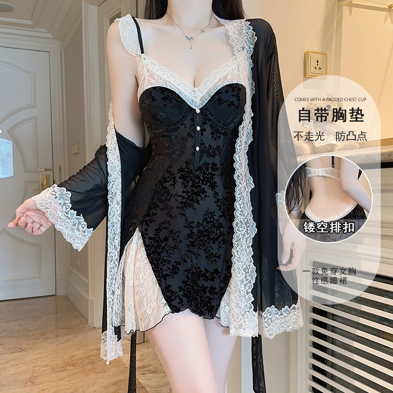 Rose-Like Plus-Size Luxury Seductive Velvet Nightgown, Sexy and Hot, with Chest Pads, Backless Nightdress and Robe Set 5960