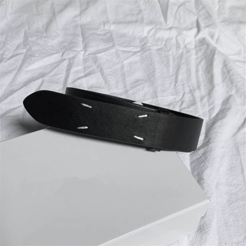 Классический ремень из воловьей кожи первого слоя в стиле M с четырехугольной строчкой для мужчин и женщин, модный ремень из натуральной кожи Normcore с двойной пряжкой для пар