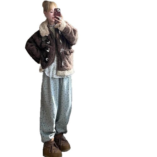 Gray floral sport pants for women loose straight tube 2025 new spring and autumn high waist casual wide leg pants small size tracksuit pants 