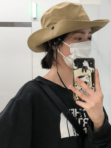 Japanese-style large-brimmed drawstring sun fishing hat for girls, summer outdoor breathable sunshade large head circumference climbing fishing hat for men