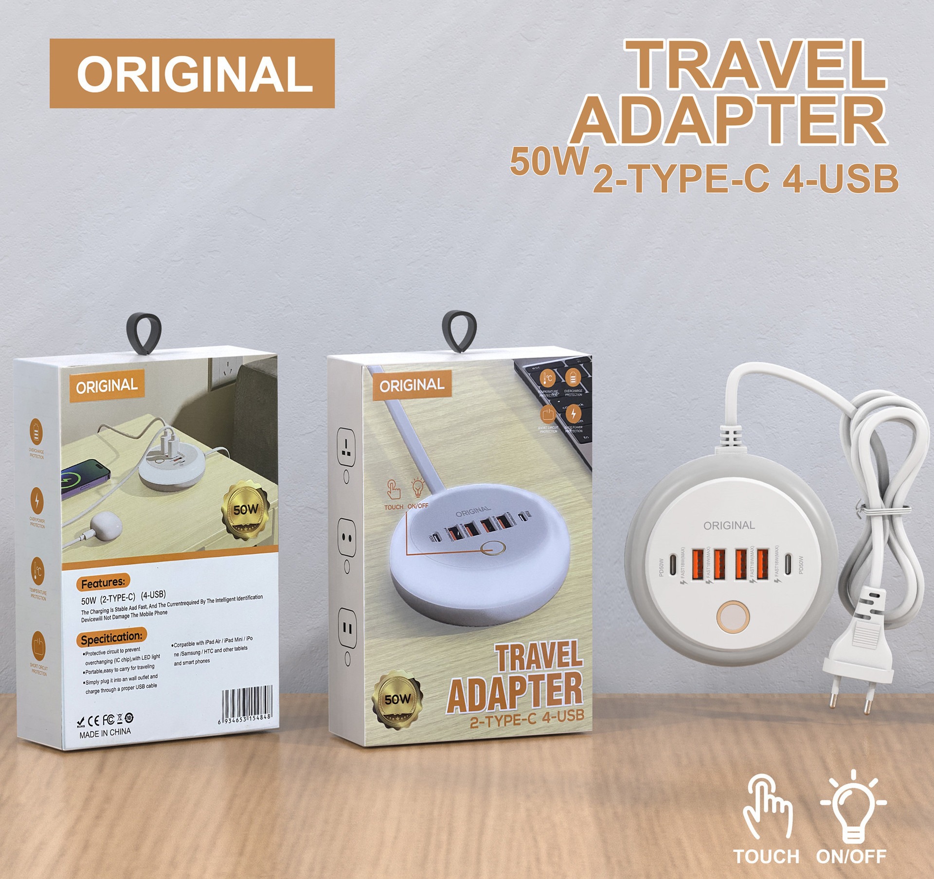 Sınır Ötesi Yeni Model Yuvarlak PD50W Çoklu Hızlı Şarj Çoklu Fonksiyonlu Aydınlatmalı Priz 4USB+Çift Type-C Akıllı Şarj Başlığı
