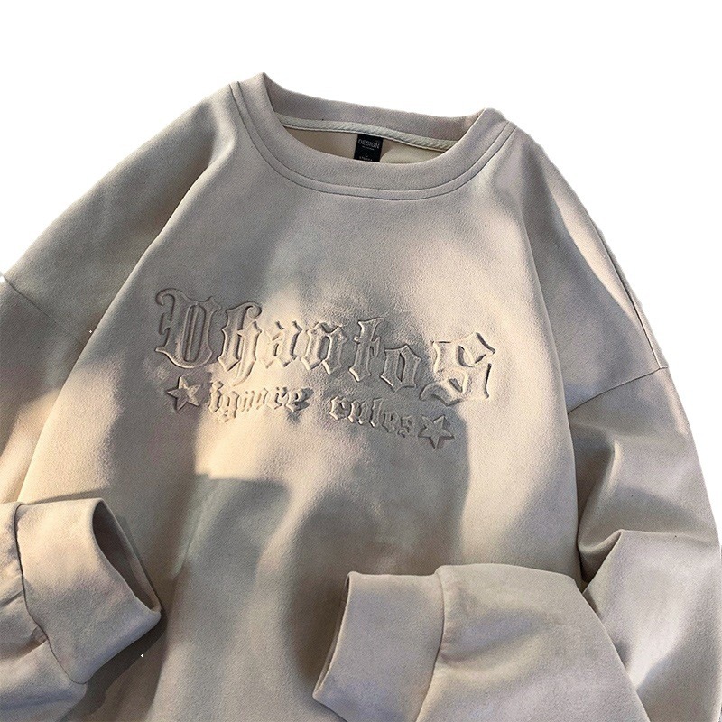 Suede estilo americano de manga larga pesada camiseta de los hombres de la marca de moda de otoño suelta camiseta superior primavera y otoño suéter