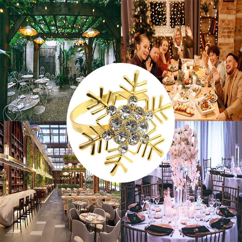 Venta caliente transfronteriza anillo de servilleta de copo de nieve de diamantes de Navidad anillo fiesta familiar decoración de la mesa de la vajilla de aleación hebilla