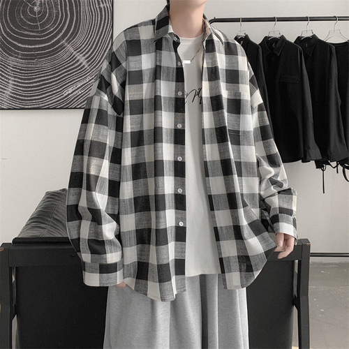 Men's Long Sleeve Grid Shirt in Autumn, Ins Style, Hong Kong Gangster Chic, Casual Collar Shirt, Korean Version, Trendy, Versatile Design, Small Shirt