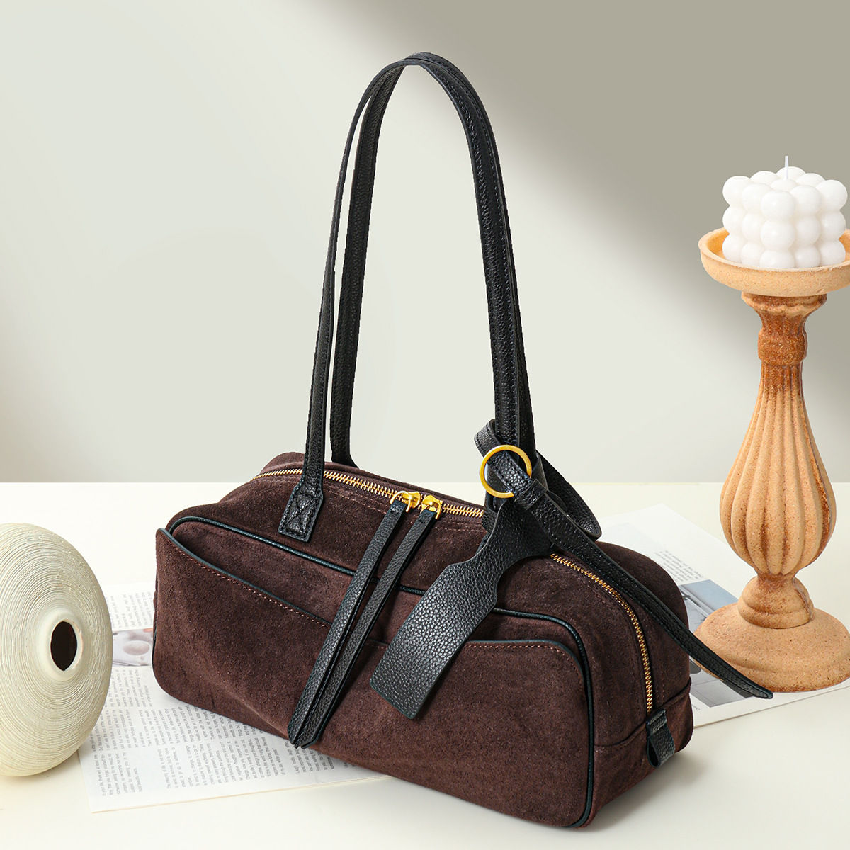 Korean Niche Hot-Selling Bowling Bag New Commuter Large Capacity Boston Genuine Leather Handbag Shoulder Bag For Women - Thumbnail 6