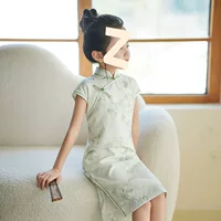 Зеленое летнее тонкое платье Cheongsam для девочек в китайском стиле, одежда для показа мод для маленьких девочек, повседневная одежда для выступлений Guzheng