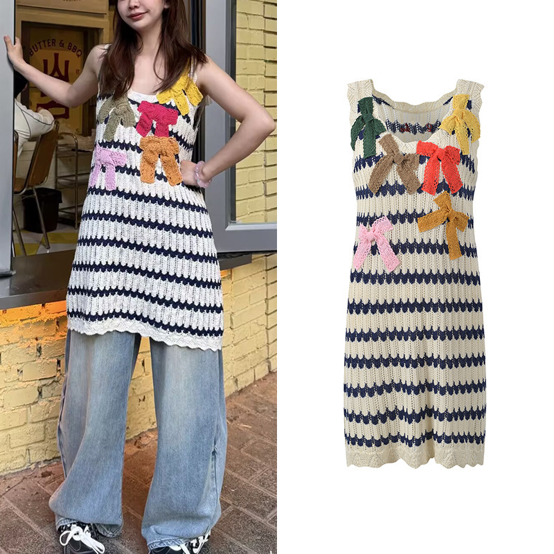 2026 Summer New Design Colorful Crochet Bow Embroidery Contrast Stripe Knit Tank Dress 2026 Summer New Design Colorful Crochet Bow Embroidery Contrast Stripe Knit Tank Dress