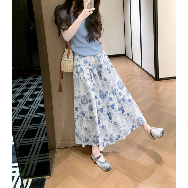 Đầm maxi nữ thắt eo tay ngắn màu xanh da trời — Màu xanh ngắn tay áo, nửa váy chi tiết 4