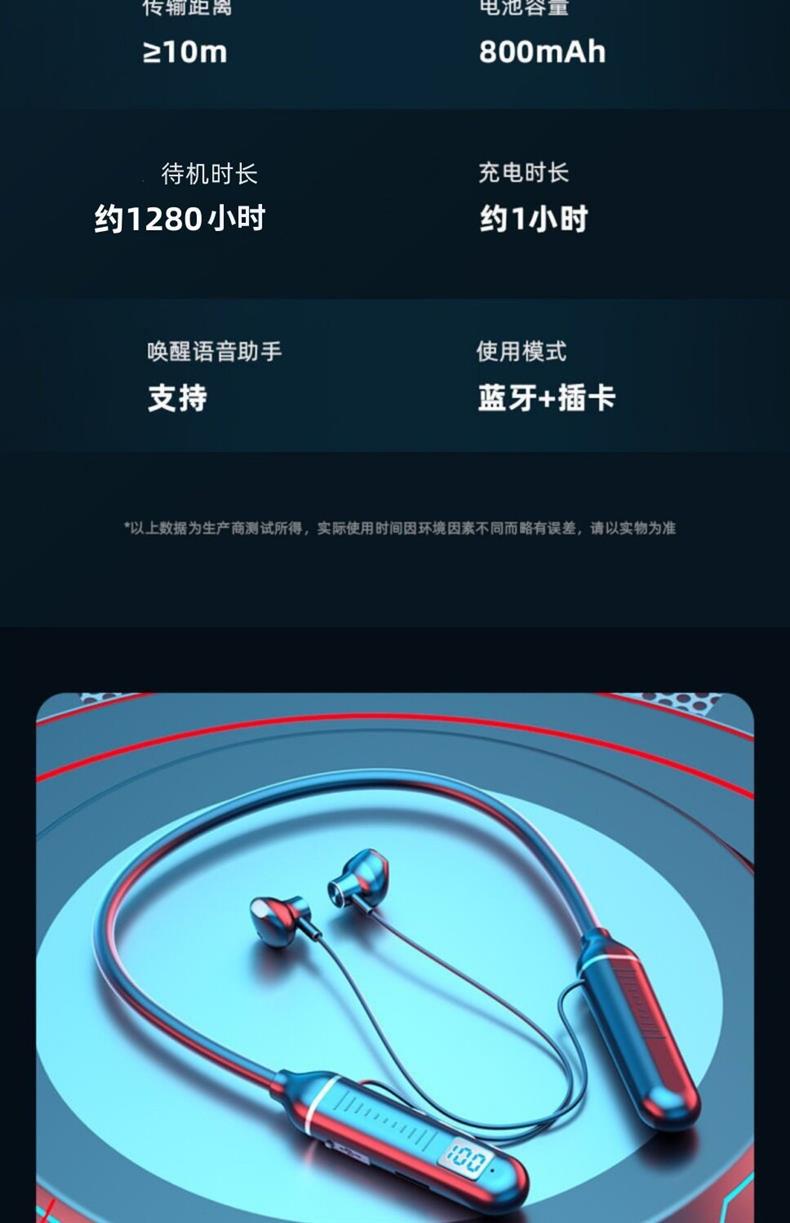 Neckband wireless Bluetooth earphones suitable for sports, with stereo noise cancellation, digital display, ultra-long standby time, cross-border neckband earphones