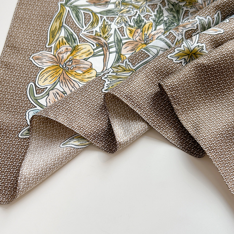 Nuevos productos transfronterizos de estilo europeo y americano, bufanda de seda estampada a cuadros de flores, estilo artístico de primavera y otoño, bufanda cuadrada de sarga de temperamento de atmósfera
