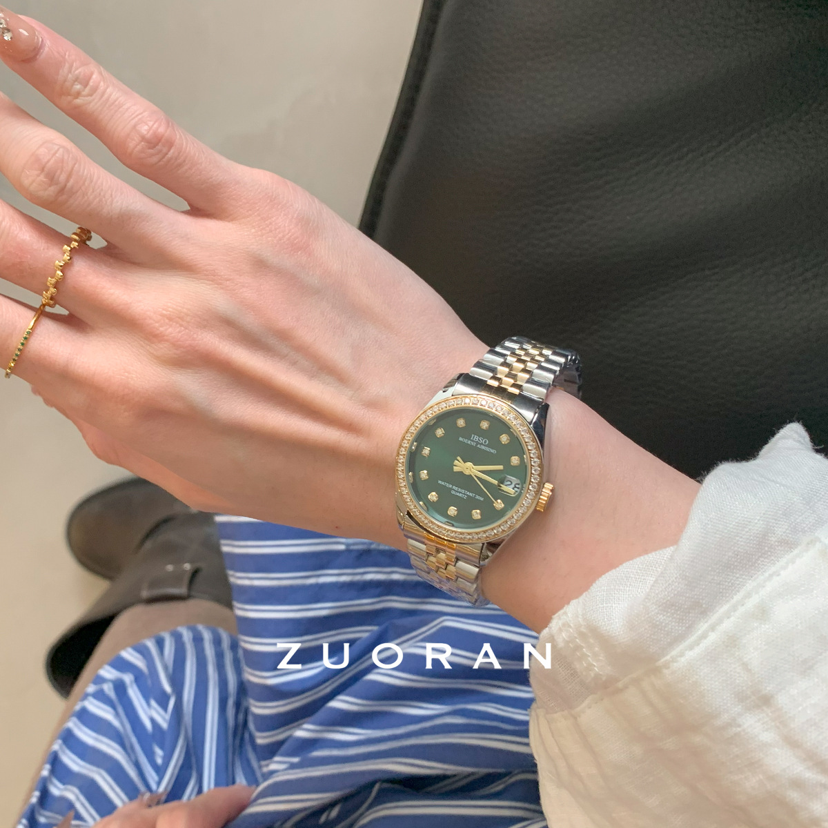 Zuoran Accessible Luxury High-End Gold Green Niche Round Diamond Calendar Women's Watch Ib21 Live E-Commerce