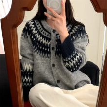 北欧风费尔岛短款毛衣开衫外套女秋冬圆领复古提花宽松气质针织衫