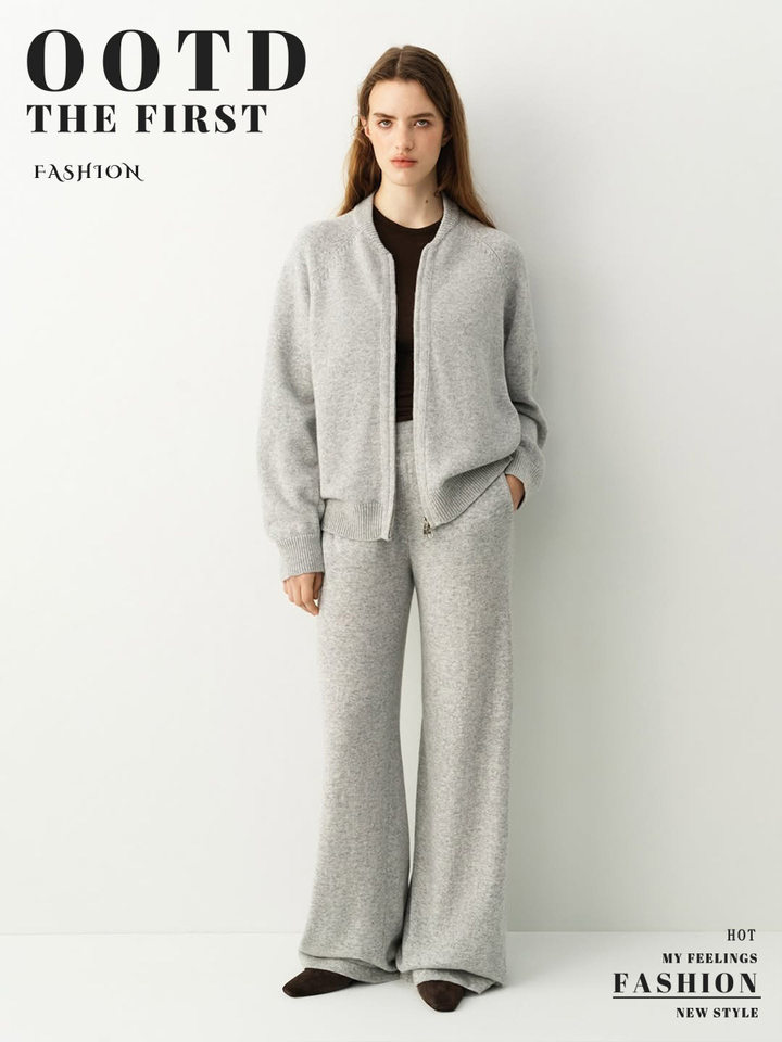 Bộ ba món dệt kim nữ gồm áo cổ tròn dài tay, áo cardigan khóa kéo và quần ống rộng cạp cao — Bộ ba món màu mơ, Xám (bộ ba món) chi tiết 1
