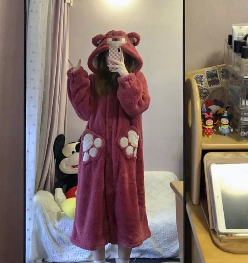 Cute coral strawberry, velvet pijama, winter warm skirt, long bathrobe, 2022, new collection