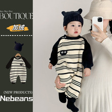 25秋冬新款婴儿加绒连身衣外出服 潮款色织条纹小煤球哈衣爬爬服